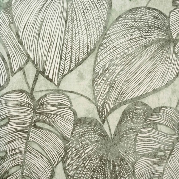 Large monstera leaves with gold shimmer effect non-woven wallpaper olive green Julie Feels Home Hohenberger 26935-HTM