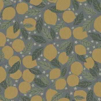 lemon branches blue gray and yellow wallpaper Grönhaga Rasch Textil 044132