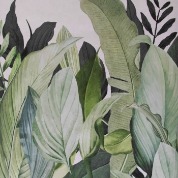 Green and White Mural Leaves and Plants Tropical Hohenberger 18001