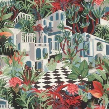 Southern architecture vinyl wallpaper red/green Tropical House Rasch 687408