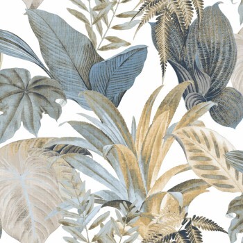jungle leaf pattern beige cream and blue vinyl wallpaper Materika Rasch Textil 327016
