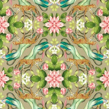 wallpaper snakes, parrots and flowers beige W0131-03