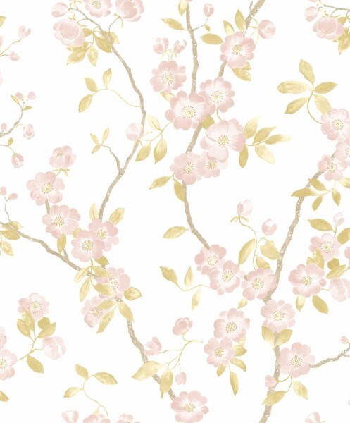 Cherry twigs pattern wallpaper white Delicacy 85394346