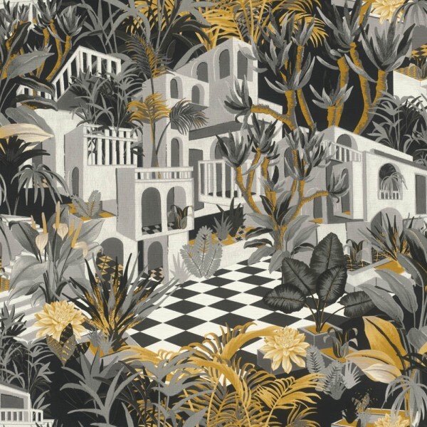 Yellow/grey vinyl wallpaper Southern architecture Tropical House Rasch 687422