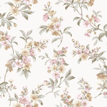Tapete Blätter Blüten Landhaus pastellfarben beige grün rosa 084004