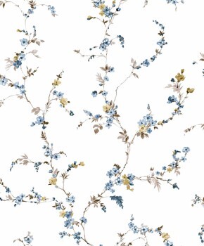 Tapete Ranken blaue Blüten Blätter Landhaus weiß 084016
