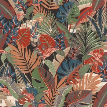  Red/blue vinyl wallpaper leaf pattern Tropical House Rasch 687811