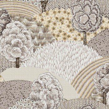 Trees and flowers beige and gray non-woven wallpaper Blooming Garden Rasch Textil 084025